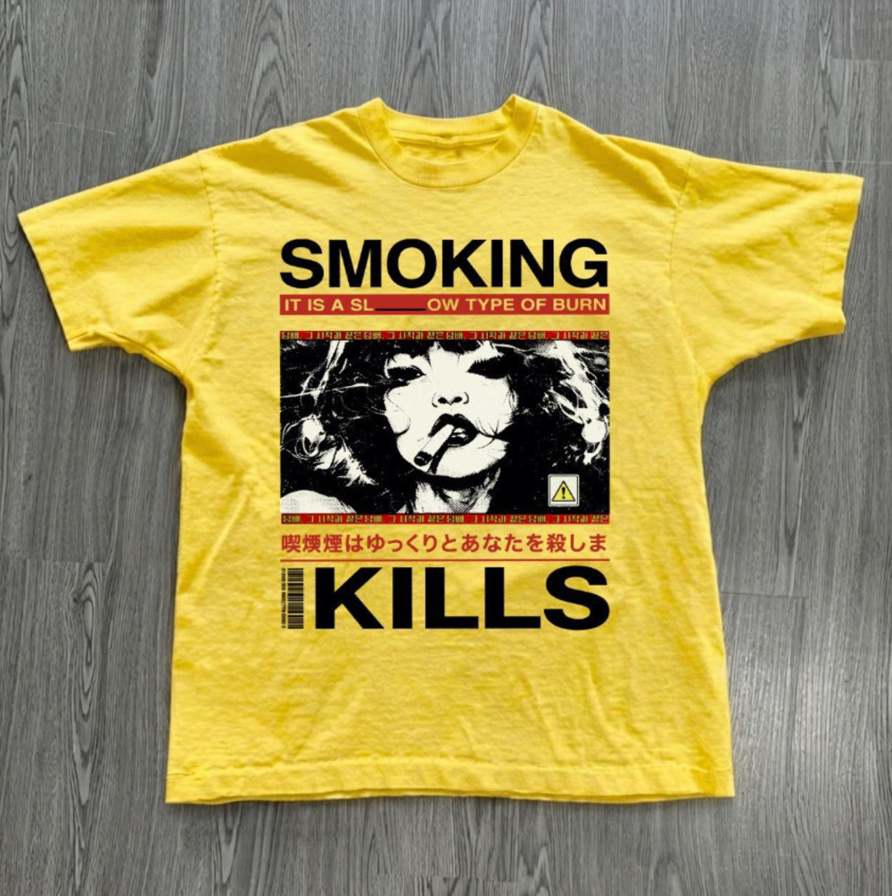 Yellow Vintage Style Smoking Kills Pop Art Graphic Tee